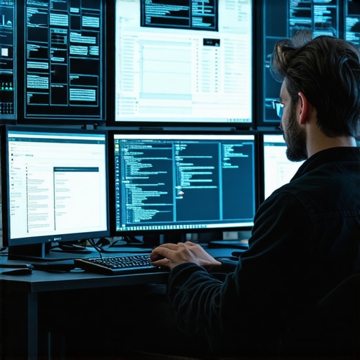 Web developer coding complex schema markup on dual monitors with schematics overlay