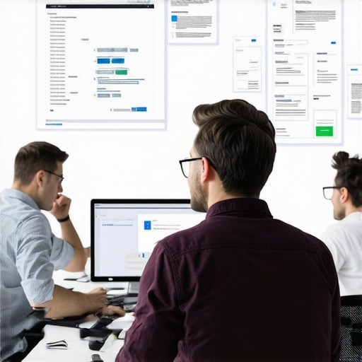 Web developer working on schema markup with schema diagrams and code on screen.