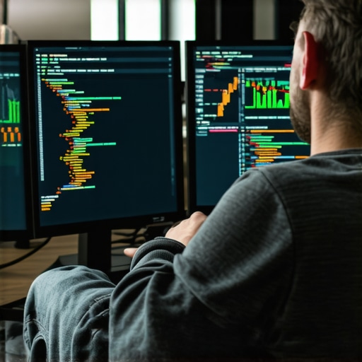 Web developer analyzing schema markup code and website analytics for SEO optimization.