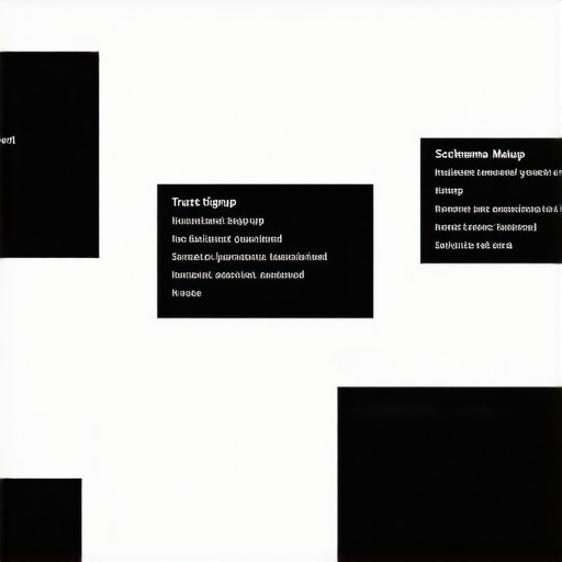 A web page showing schema markup code alongside trust badges and a clean navigation menu