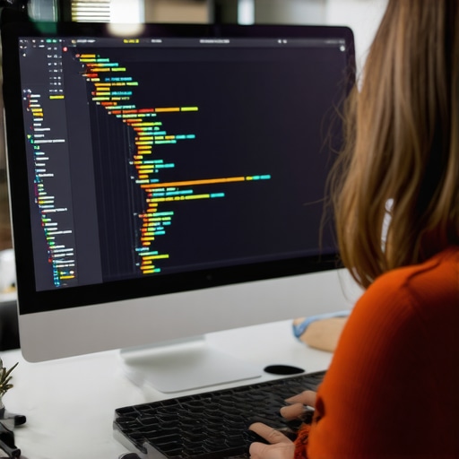 Web developer reviewing integrated schema, content, and design on a computer