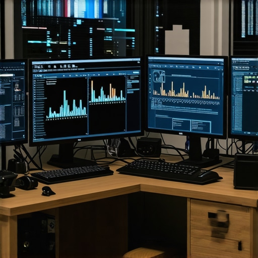 A modern desk setup with screens showing SEO analytics and schema validation dashboards.