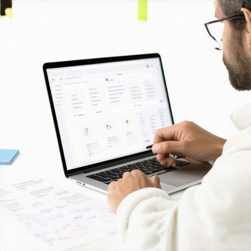 Expert analyzing schema and web design A digital marketer reviewing schema markup and web design strategies on a computer