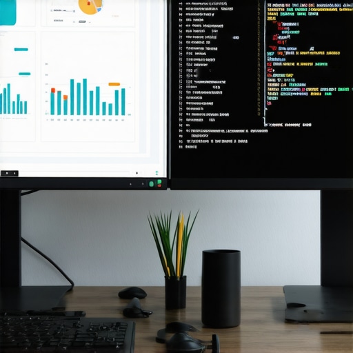 Developer analyzing website performance and schema markup on computer screens