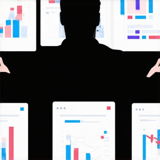 Marketer studying analytics dashboard with content metrics and schema diagrams