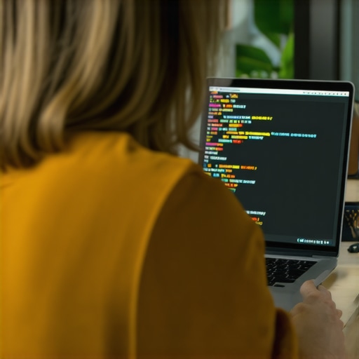 Person analyzing SEO data and schema markup on a laptop in an office setting