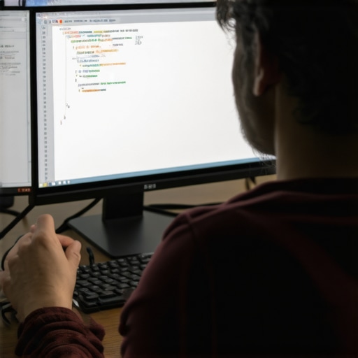 A web developer working on schema markup code on a computer