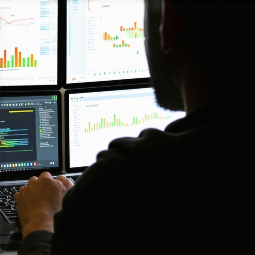 Web developer analyzing data dashboards showing site performance and schema correctness for maintenance