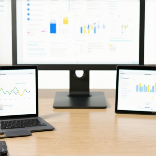 A workspace with screens showing SEO analytics, backlink monitoring, and schema validation tools.