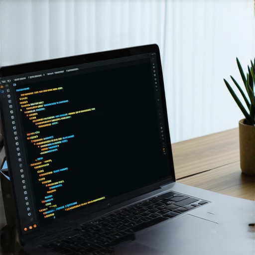 Web developer reviewing schema markup on a laptop with diagrams and code