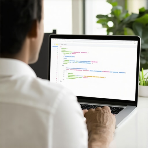 A developer working on website schema markup on a laptop, reviewing code in an office