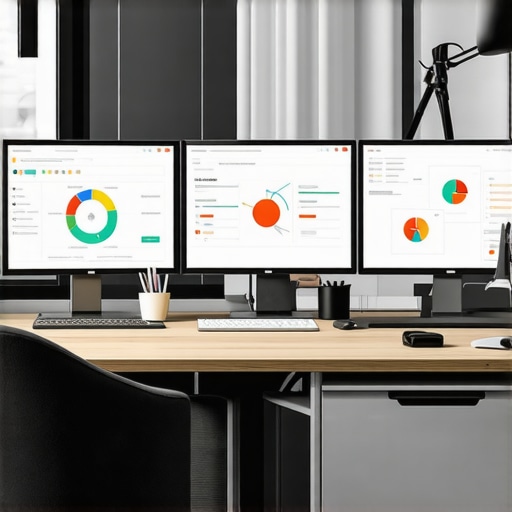 Multiple screens showing SEO analytics, schema validation, and content dashboards in a professional workspace.