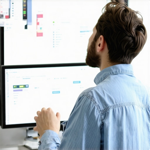 Person working on website analytics and schema markup on dual monitors