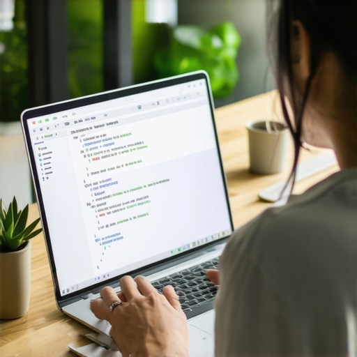 Person working on structured data schema code on a laptop in a bright office environment.