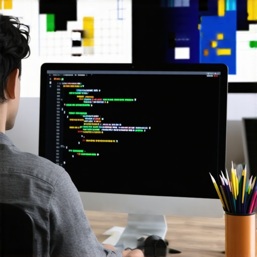 Developer analyzing schema code and SEO metrics on a monitor
