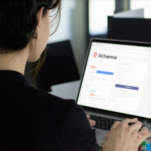 Person adding schema markup code on laptop to improve SEO trust signals.