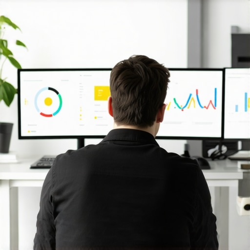 A content marketer analyzing SEO and schema tools on multiple screens to maintain website performance.